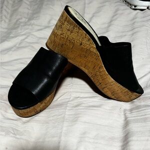 Vince Camuto Black Leather Cork Wedges